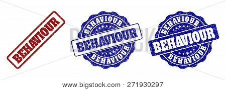 Behaviour Grunge Stamp Seals In Red And Blue Colors. Vector Behaviour Watermarks With Grunge Surface