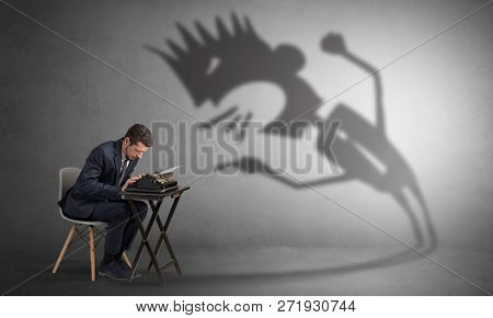 Man working hard and he is afraid of a yelling shadow