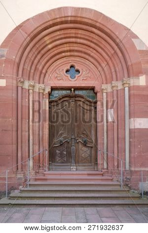 BRONNBACH, GERMANY - JULY 07, 2018: Entrance door of Cistercian Abbey of Bronbach in Reicholzheim near Wertheim, Germany