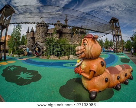 Moscow, Russia - July 26, 2018: Unidentified People Visit Fairytale Castle With Extreme Rope Ladder