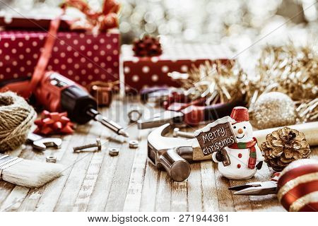 Merry Christmas And Happy New Years Handy Constrcution Tools Background Concept.  Handy House Fix Di