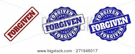 Forgiven Grunge Stamp Seals In Red And Blue Colors. Vector Forgiven Labels With Scratced Surface. Gr