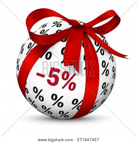 Discount -5% - Spherical White 3d Gift With Red Bow And Minus 5 (five) Percent Texture. Symbol For Y