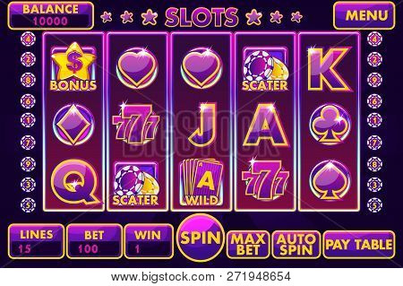 Vector Interface Slot Machine In Purple Colored. Complete Menu Of Graphical User Interface And Full 