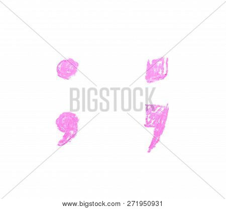 Hand Drawn With The Colorful Chalks Semicolon Symbol Isolated Over The White Background, Set Of Two 