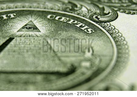 Shallow Focus Of The Eye Of Providence, From The Pyramid, On The Usa Coat Of Arms, On The Dollar Bil