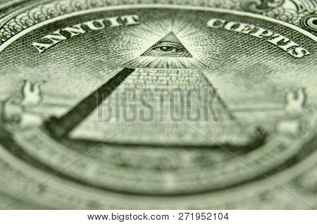 Shallow Focus Of The Eye Of Providence, From The Pyramid, On The Usa Coat Of Arms, On The Dollar Bil