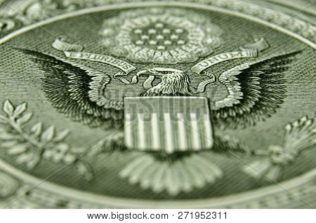 Shallow Depth Of Field Shot Of American Eagle, From The Us Coat Of Arms, On The Back Of The Dollar B