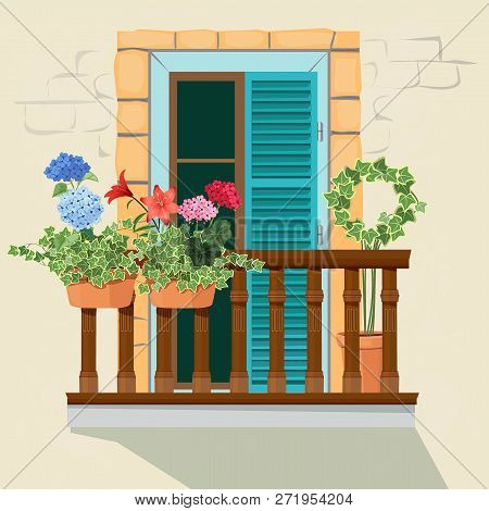 Balcony Flowers. House Facade Window And Decorative Plants Pots Grow Windowsill Funny Spring Sunligh