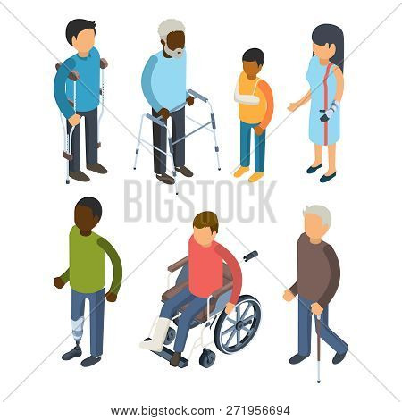 Disabilities Persons Isometric. Injury Invalids Defective Persons Maggiore Deaf Care Adults Vector 3