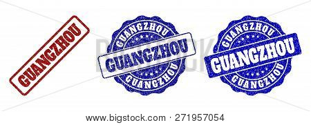 Guangzhou Scratched Stamp Seals In Red And Blue Colors. Vector Guangzhou Watermarks With Dirty Effec