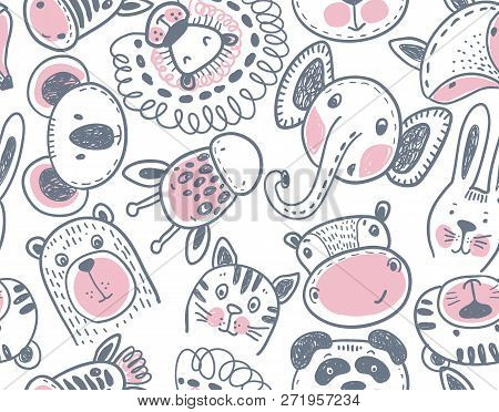 Seamless Pattern With Cute Animal Heads Endless Background
