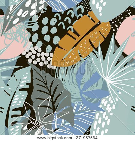 Vector Seamless Pattern With Tropical Plants And Hand Drawn Abstract Textures.