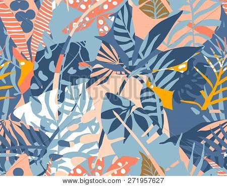Vector Seamless Pattern With Tropical Plants And Hand Drawn Abstract Textures.