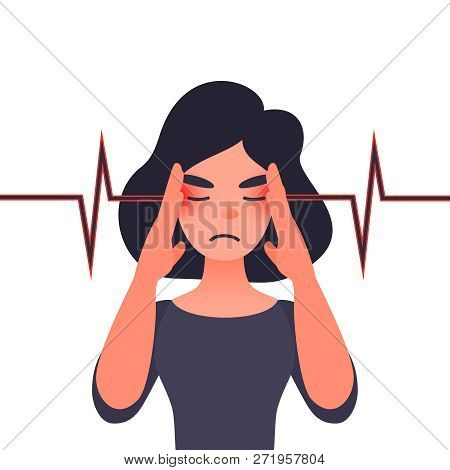 Unhappy Young Woman With Severe Headache. Migraine, Health Problems And Pain Head. Throbbing Pain In
