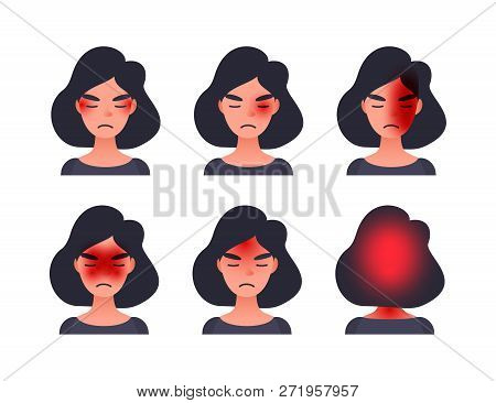 Set Of Headache Types On Different Area Of Patient Head. Woman With Tession Cluster And Other Head T