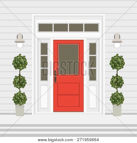 House Door Front With Doorstep And Steps, Window, Lamps, Flowers, Entry Facade Building, Exterior En