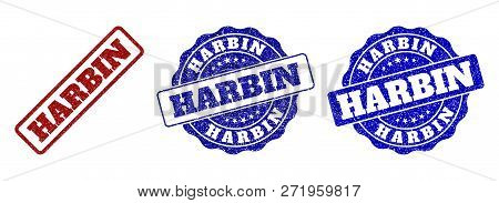 Harbin Grunge Stamp Seals In Red And Blue Colors. Vector Harbin Signs With Dirty Texture. Graphic El