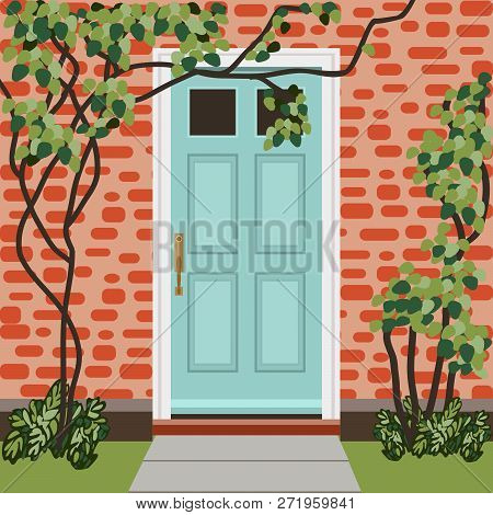 House Door Front With Doorstep And Mat, Window, Lamps, Plants Bush, Entry Facade Building, Exterior