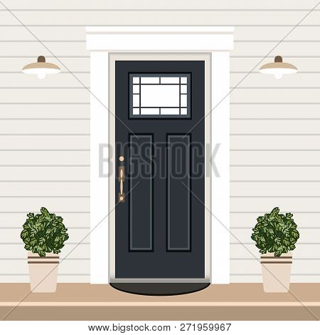 House Door Front With Doorstep And Steps, Window, Lamps, Flowers, Entry Facade Building, Exterior En