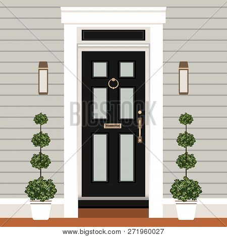 House Door Front With Doorstep And Steps, Window, Lamps, Flowers, Entry Facade Building, Exterior En