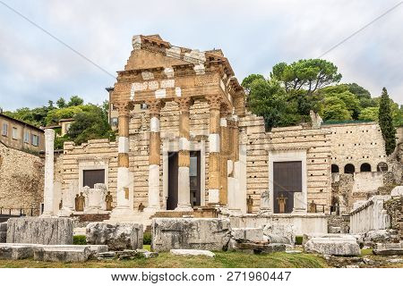 View At The Ruins Of Ancient Capitolium Temple In Brescia, Italy