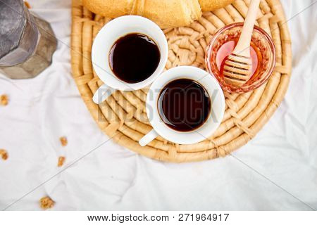 Good Morning. Two Cup Of Coffee With Croissant And Jam.