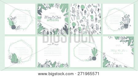 Vector Set Of Wedding Invitation, Card, Tag, Pattern Design Template - Text Place, Frame With Cactus