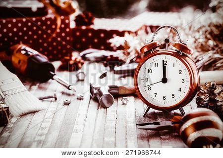 Merry Christmas And Happy New Years Handy Constrcution Tools Background Concept.  Handy House Fix Di