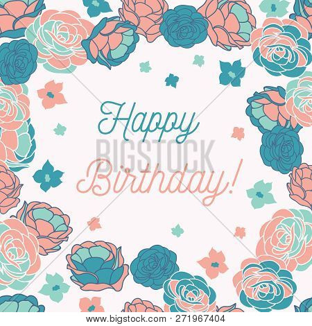 Blue Rose Garden Ditsy Floral Happy Birthday Vector Greeting Card
