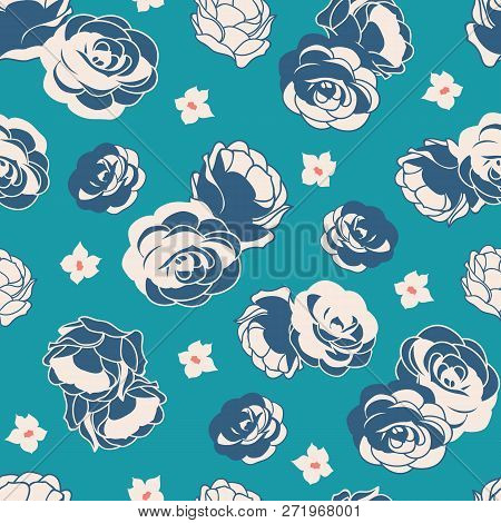 Blue Rose Garden Ditsy Floral Seamless Vector Repeat Pattern