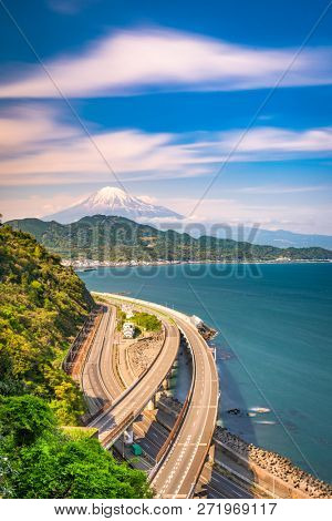 Satta Pass, Shizuoka, Japan with Mt. Fuji and Suruga Bay.