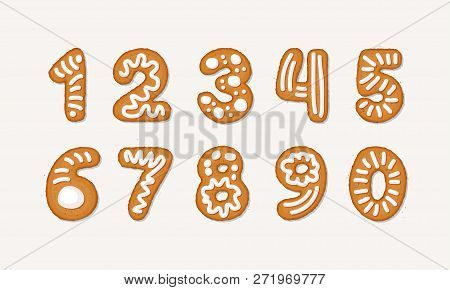 Vector Cartoon Set Of Gingerbread Arabic Numbers - Holidays Christmas Ginger Cookie Isolated On Whit