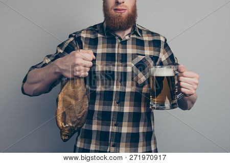 Cropped Portrait Of Nice Attractive Handsome Candid Guy In Checked Shirt Holding In Hands Showing Sa