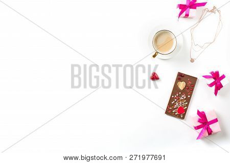 Valentines Day Background With Chocolatered Sweets In Heart Shape And Coffee On White Background