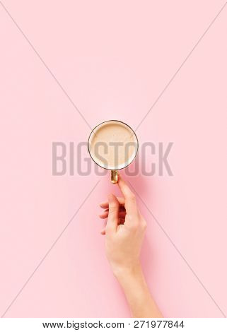 Cup Of Coffee And Woman Hand On Pink, Pastel Minimalis