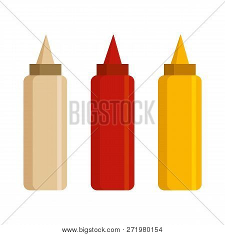 Ketchup Mustard And Mayonnaise Bottles With Spicy Delicious Sauce Isolated On White Background. Vect