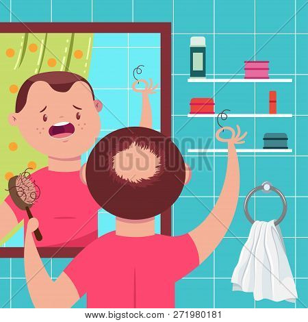 Hair Loss Vector Concept Illustration. Bald Man With A Comb In The Bathroom Looks In The Mirror. Car