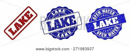 Lake Grunge Stamp Seals In Red And Blue Colors. Vector Lake Marks With Dirty Style. Graphic Elements