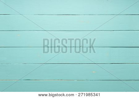 Empty Old Teal Green Wooden Table, Wooden Deck Top View.