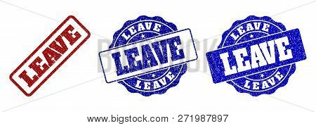 Leave Grunge Stamp Seals In Red And Blue Colors. Vector Leave Imprints With Dirty Surface. Graphic E