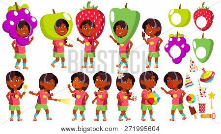 Girl Kindergarten Kid Poses Set Vector. Indian, Hindu. Asian. Party Costume Carnival. Baby Expressio