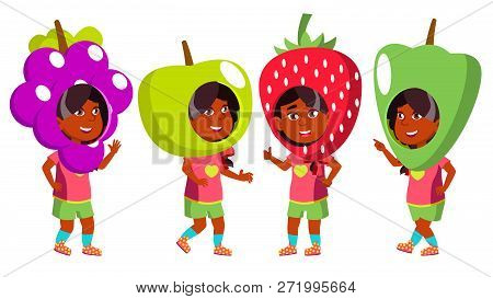 Girl Kindergarten Kid Poses Set Vector. Indian, Hindu. Asian. Party Costume Carnival. Young Positive