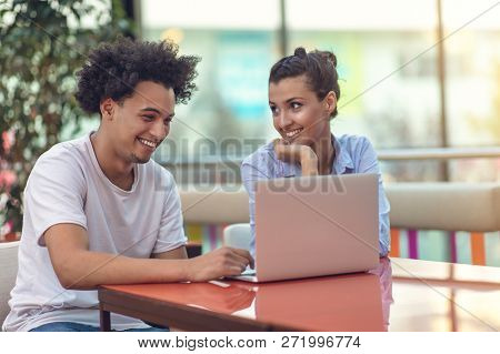 Two Freelance Working In Coffee Shop, Nomad Worker Conceptual, Couple Work Together In Cafe With Lap
