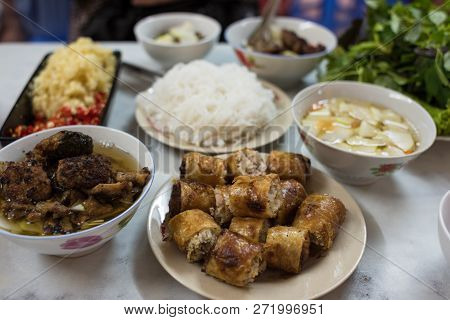 Traditional Vietnamese Bun Cha Meal With Soup, Meat And Fried Springrolls.