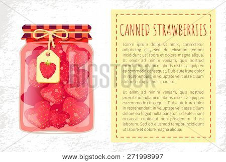 Canned Strawberries Jam Or Sweet Compote In Glass Jar Vector Poster. Homemade Berry Conservation, Sw