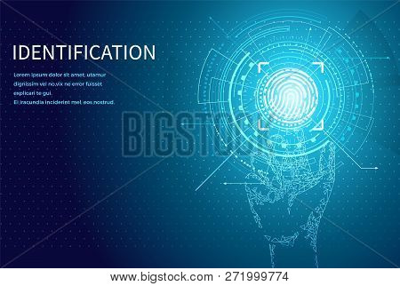 Identification Personal Identity Fingerprint Poster With Digital Data Screen And Text Vector. Finger
