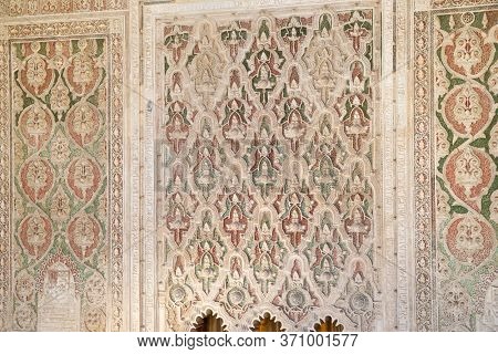 Toledo, Spain - June 25, 2018: decorated wall in synagogue named as El Transito.