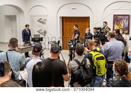 Mukachevo, Western Ukraine - June 11, 2020: Speaker Of The Ukrainian Parliament Dmytro Razumkov (l) 