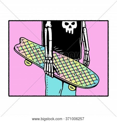 Skeleton With Skateboard In Right Hand Color White Background